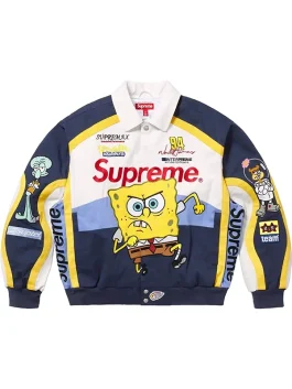 Flat lay of the front of the white, navy, and yellow Supreme Spongebob Jacket or Supreme Racing Jacket, with Spongebob and other characters like Squidward and Sandy on the sleeves.
