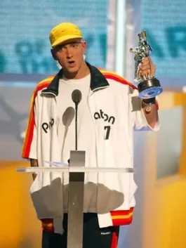 White bomber jacket Eminem style, perfect for stage and streetwear.