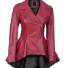 Front view of womens pink peplum leather jacket showing asymmetric zipper and tailored fit.