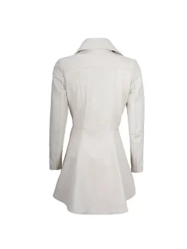 Back side of women white peplum leather jacket featuring a flared waist design and smooth leather finish.