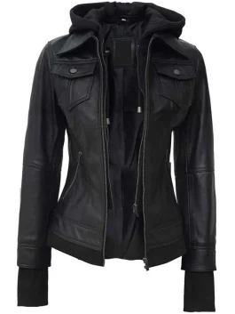 Womens black bomber jacket leather with removable hood, displayed open to reveal inner lining and detailed zip craftsmanship.