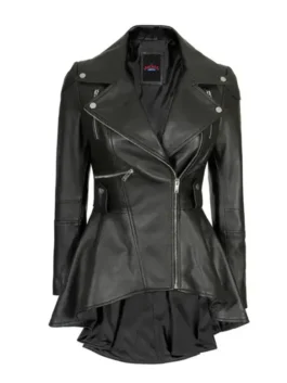 A women's black leather peplum jacket featuring an asymmetrical front zipper, wide notched lapels with silver snaps, a cinched waist, and a dramatic high-low flared hemline.