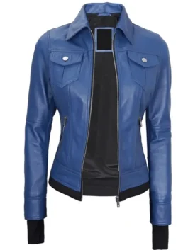 Blue Leather Bomber Jacket Womens elegant front open design crafted from soft leather with detachable hood.