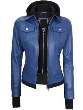 Womens Blue Bomber Leather Jacket With Removable Hood front look featuring zip closure and stylish pocket design.