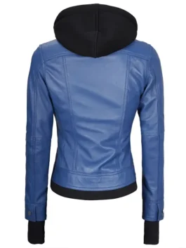 Womens Blue Leather Bomber Jacket With Removable Hood back side view showcasing sleek stitching and premium leather finish.