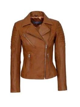A women's slim-fit tan brown leather biker jacket featuring an asymmetrical front zipper, wide lapels, quilted shoulder panels, and multiple zippered pockets.