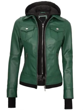 Womens Green Bomber Leather Jacket With Removable Hood made from real leather for a premium look