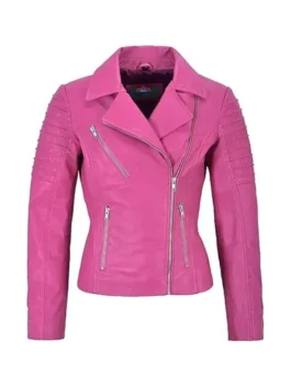 A women's slim-fit hot pink leather biker jacket featuring an asymmetrical silver front zipper, wide notched lapels, quilted shoulder panels, and zippered pockets.