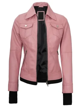 Womens pink leather bomber jacket with hood, elegant fashion pink bomber jacket womens collection