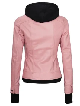 Back view of womens pink hooded bomber leather jacket showing sleek fit and soft real leather finish