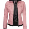Front view of womens pink leather bomber jacket with removable hood, stylish pink bomber leather jacket for women