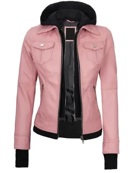 Front view of womens pink leather bomber jacket with removable hood, stylish pink bomber leather jacket for women
