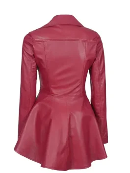 Back view of womens pink peplum leather jacket highlighting the flared hem and smooth finish.