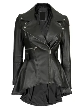 Womens premium black leather peplum jacket with tailored fit, asymmetrical front zip, and waist-defining peplum cut.