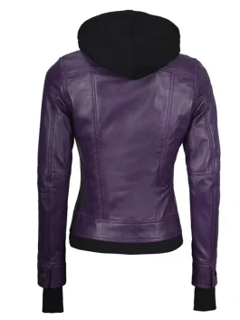 Back view of Womens Purple Leather Bomber Jacket With Removable Hood highlighting smooth genuine leather texture.