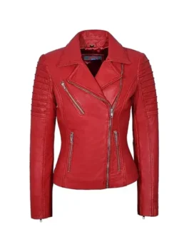 A women's slim-fit bright red leather biker jacket with an asymmetrical front zipper, wide notched lapels with silver snap buttons, and zippered pockets and cuffs.