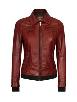 Front view of a women's dark red leather bomber jacket featuring a shirt-style collar, chest pockets, and contrasting black ribbed knit cuffs and waist hemline.