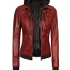 Womens red leather bomber jacket with removable hood front view, stylish red leather bomber jacket women with zipper pockets.