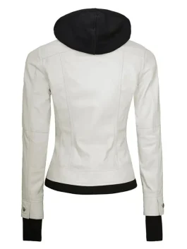 Back view of women’s white leather bomber jacket with removable hood and sleek fit trendy white bomber jacket for women.