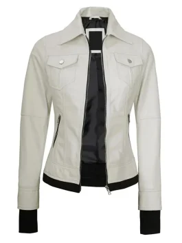 Womens white leather bomber jacket without hood – versatile white leather bomber for women with front zipper design.
