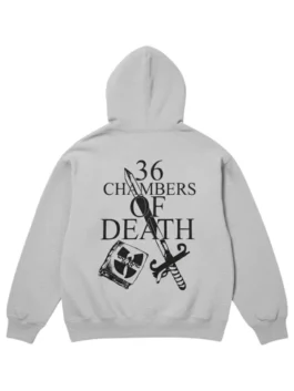 Supreme x Wu-Tang Clan Hooded Sweatshirt in light grey. Back view, featuring the large black 