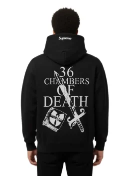 Supreme x Wu-Tang Clan Hooded Sweatshirt in black. Male model back view, displaying the white 