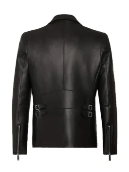 Back side of Zayn Malik Eyes Closed leather jacket with buckle straps and smooth premium leather texture from the Eyes Closed music video.