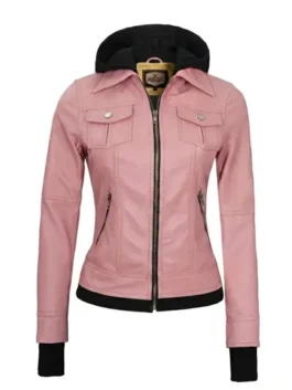 A slim-fit women's pink leather bomber jacket featuring a removable black fabric hood, dual chest pockets, and black ribbed knit cuffs and waistband.