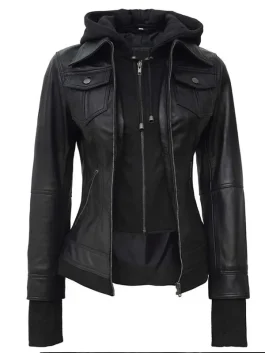 Womens black leather bomber jacket with removable hood featuring front zip closure and fitted design for a sleek modern look.