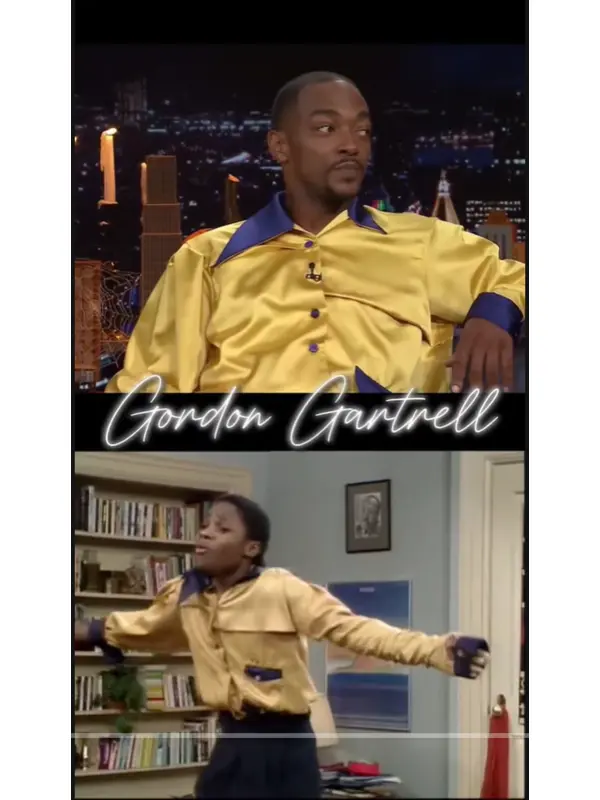 Anthony Mackie wearing the iconic Gordon Gartrelle Shirt inspired by The Cosby Show, recreating the men’s Gordon Gartrell shirt look worn by Theo Huxtable in the original scene.