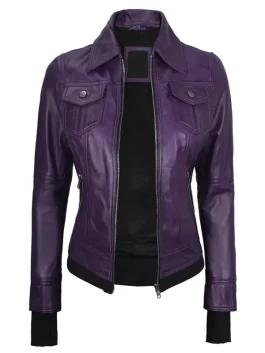 Purple leather bomber jacket womens design without hood, showcasing premium craftsmanship and modern appeal.