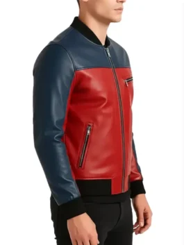 Side view of the bold Christmas Men’s Red and Blue Leather Jacket. This real leather outerwear is ideal for festive occasions.