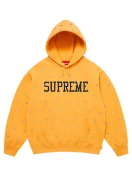 Front view of the Mustard Yellow Stars Studded Hooded Sweatshirt. It features a black block 