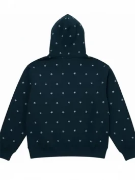 Back view of the Navy Blue Stars Studded Hooded Sweatshirt. The entire back is covered in a pattern of small light blue stars.