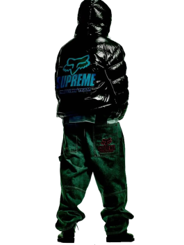 Supreme Fox Racing black shiny down jacket with bold blue back logo, premium winter streetwear puffer.