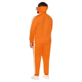 Back view of the Vector costume spirit halloween product, showing the orange tracksuit with white vertical stripes on the sleeves and pants, and the distinctive high, stiff collar.