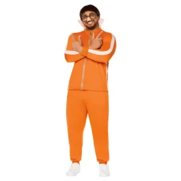 A man wearing a vector halloween costume which includes the signature orange tracksuit with white stripes and a prominent high collar, oversized black glasses, and a dark wig. He is striking Vector's 