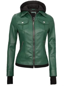 Womens green leather bomber jacket with hood perfect for casual and modern fashion style