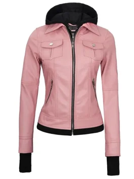Pink bomber jacket womens with removable hood, real pink leather bomber jacket for women