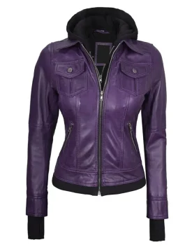 Womens purple bomber leather jacket featuring detachable hood and fitted waist for stylish everyday wear.