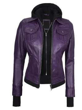 Womens purple hooded leather jacket with removable hood and bomber fit, perfect for casual and trendy looks.