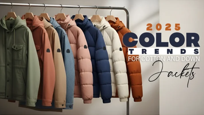 2025 Color Trends for Cotton and Down Jackets banner showing a rack of jackets in various colors: sage green, burnt orange, pale pink, denim blue, navy blue, off-white, and rust/brown.