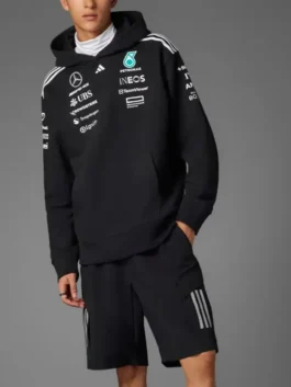 Full view of the Adidas Mercedes AMG Petronas F1 team pullover hoodie; black motorsport wear with front sponsor logos.