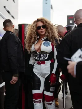Beyoncé stuns in a white and black Louis vuitton Las Vegas F1 Grand Prix track suit leather set.