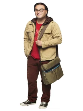 Full body shot of Leonard Hofstadter in the Big Bang Theory Leonard Jacket with a messenger bag and red shirt.
