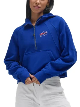 Front view of the royal blue Buffalo Bills lululemon NFL women's oversized scuba half zip hoodie.