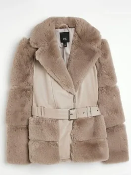 Product shot of the Chanel Cresswell Fur Jacket, featuring Vegan fur trim, light beige panels, and a prominent waist belt detail.