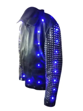Side view of the Chris Jericho light up Y2J jacket, black leather with silver studs and bright blue LED lights.
