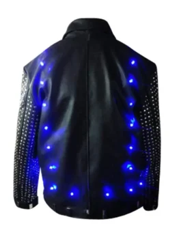 Back view of the Chris Jericho sparkly light up jacket, black leather with studded sleeves and bright Y2J blue LEDs.