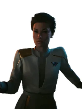 Rear view of the white and gold Cyberpunk 2077 Dogtown bomber jacket. The back features the official expansion logo. A stylish Phantom Liberty bomber jacket